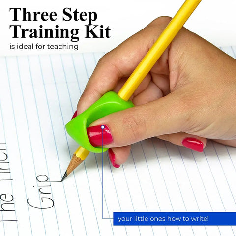 3 Step Pencil Grip Training Kit For Kids And Adults featuring green crossover grip on yellow pencil for better handwriting control
