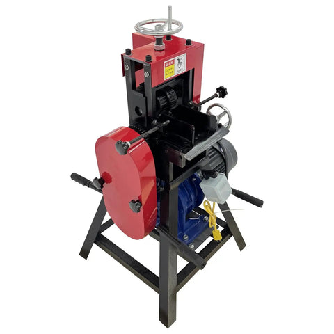 Beast Of A Wire Stripping Machine 220V 4KW With 1440 RPM Rip Through Scrap Copper Cables Fast Strips Rubber And Plastic Insulation From Single And Multi Core Conductors IP54 Rated Dual Roller Blade System red heavy-duty unit on stand