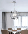 Globe Four Light Crystal Chandelier With Industrial Sphere Cage Chrome Finish Adjustable Hanging Pendant Lighting For Dining Room