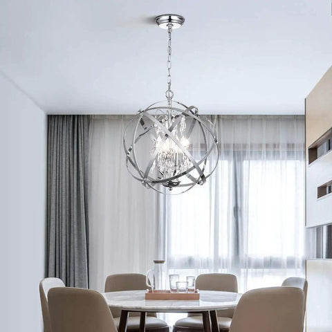 Globe Four Light Crystal Chandelier With Industrial Sphere Cage Chrome Finish Adjustable Hanging Pendant Lighting For Dining Room