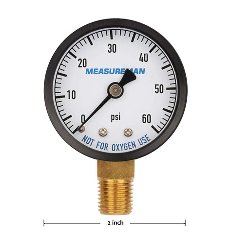 MeasureMan 2-inch dry/utility pressure gauge, 0-60 psi, brass 1/4in NPT bottom mount, white dial