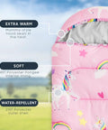 Unicorn Rainbow Clouds Pink Kids Sleeping Bag For Girls 61x26 Inches with mummy-style hood and polyester lining, outdoor view.