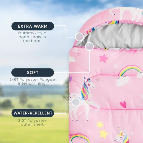 Unicorn Rainbow Clouds Pink Kids Sleeping Bag For Girls 61x26 Inches with mummy-style hood and polyester lining, outdoor view.