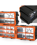 Heavy Duty Plastic Hardware Toolbox With Slide Out Compartments For Screws Bolts And Parts Organizer, clear lid, black base, orange clips, 30x20x16.5cm.