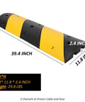 Two Pack Recycled Rubber Speed Bump Set With 25,000 Pound Capacity Durable Cable Protector Ramp For Driveways And Parking Lots Works On Concrete Asphalt And Gravel Reduces Impact Noise, shown with dimensions and weight specifications.
