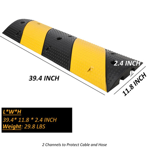 Two Pack Recycled Rubber Speed Bump Set With 25,000 Pound Capacity Durable Cable Protector Ramp For Driveways And Parking Lots Works On Concrete Asphalt And Gravel Reduces Impact Noise, shown with dimensions and weight specifications.