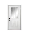 Top Shelf Fiberglass Entry Door Thirty Six By Eighty Inches Nine Lite Low E Glass Primed White Oak Knock Down Build Hella Tough Left Right Hand Inswing Full Hardware Included Energy Saving For Fast DIY Install And Badass Curb Appeal. White door with nine lite glass window and dual climate design.