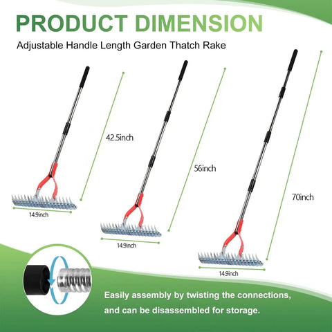 Beast Dethatching Rake For Lawns, 15-Inch Wide With Adjustable Steel Teeth And 70-Inch Stainless Handle shown in different sizes