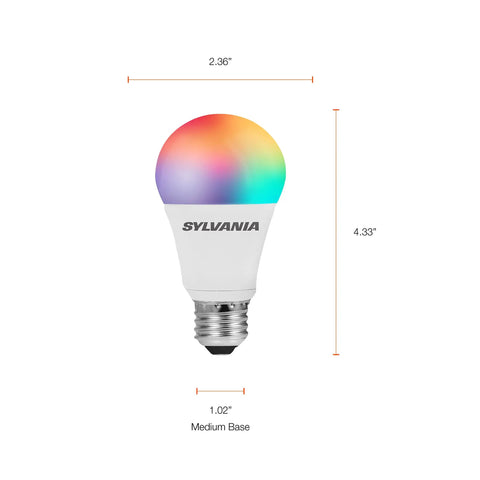 Smart Color Changing A19 LED Bulb With Tunable White, ZigBee Enabled, 16 Million Colors, shown with dimensions and color spectrum