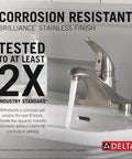 Foundations Centerset Bathroom Faucet Brushed Nickel 1 Handle With Metal Push Pop Drain 4 Inch Centerset Sink Faucet Water Saving CALGreen Compliant Water Sense Labeled Includes Stainless Drain Assembly B510LF SS displayed on countertop with running water