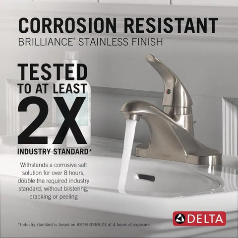 Foundations Centerset Bathroom Faucet Brushed Nickel 1 Handle With Metal Push Pop Drain 4 Inch Centerset Sink Faucet Water Saving CALGreen Compliant Water Sense Labeled Includes Stainless Drain Assembly B510LF SS displayed on countertop with running water