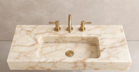 Top Shelf Hand Carved Afyon Honey Marble Bathroom Vanity Sink With Slick Countertop Setup And Durable Natural Stone Craft For Upscale Residential Or Swanky Commercial Decor, top view with faucet.