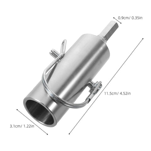 Badass Pro Utility Heavy Duty Steel RV Trailer Jack Drill Drive Shaft Adapter For Seamless Electric Hand Crank Conversion Plus Plug And Play Commercial Grade Dump Trailer Setup, showing dimensions and metal finish.