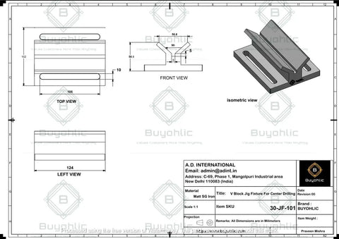 Boss Level SGI V Block Jig Fixture For Center Drilling Round Workpieces Up To Two Inch Capacity detailed technical drawing and isometric view.