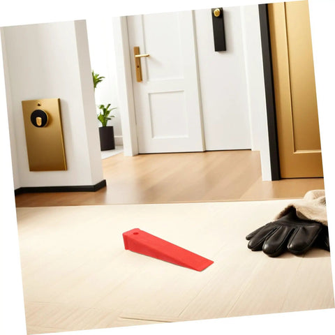 Red Plastic Leveling Wedges And Reusable Gap Filler Shims For Bullseye Door And Window Alignment on a floor with gloves nearby.