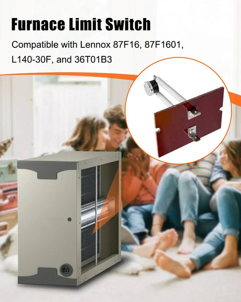 Upgraded Furnace Limit Switch For 87F16 87F1601 L140-30F L140F-40 36T01B3 shown next to a heating unit in a family room.