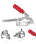 Four Piece Push Pull Toggle Clamps Set for Woodworking and Metal Workholding, red handle, silver clamp with side view.