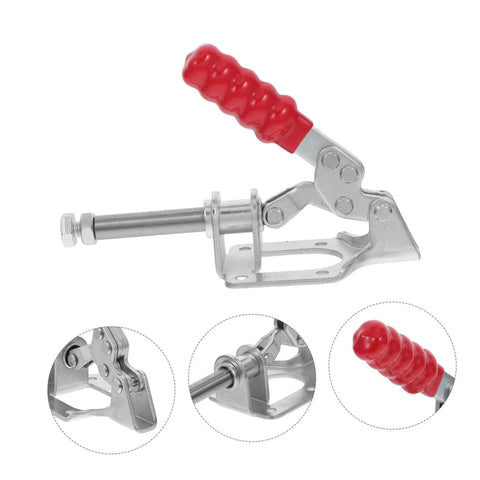 Four Piece Push Pull Toggle Clamps Set for Woodworking and Metal Workholding, red handle, silver clamp with side view.