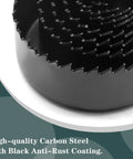 Close-up of carbon steel cutter from 11 Piece Hole Saw Kit With Mandrel And Hex Key, Three Quarters To Two And A Half Inch Cutters.