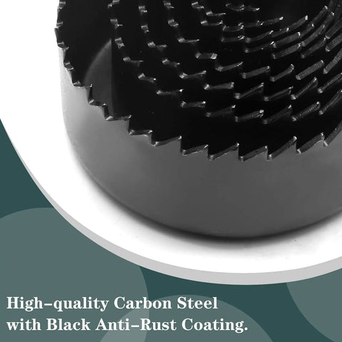 Close-up of carbon steel cutter from 11 Piece Hole Saw Kit With Mandrel And Hex Key, Three Quarters To Two And A Half Inch Cutters.