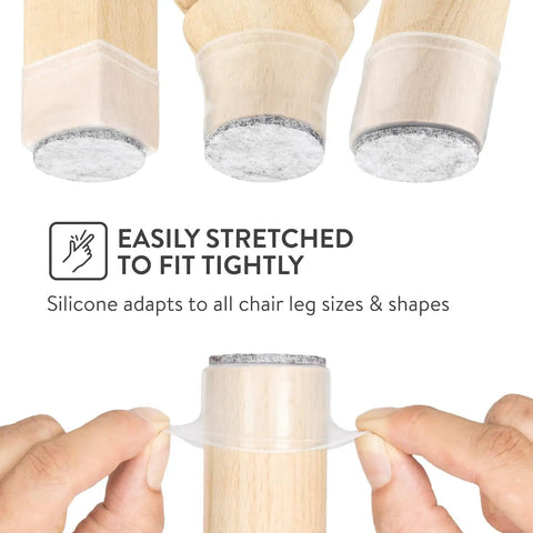 Clear Chair Leg Floor Protectors 16 Piece Set With Felt Bottom Silicone Pads for Hardwood Floors shown on wooden chair legs