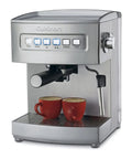 Top Shelf Programmable 15 Bar Espresso Maker In Sleek Stainless Steel with two espresso cups on a drip tray.