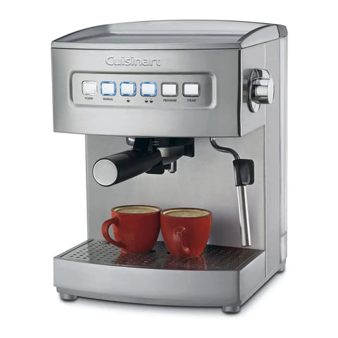 Top Shelf Programmable 15 Bar Espresso Maker In Sleek Stainless Steel with two espresso cups on a drip tray.