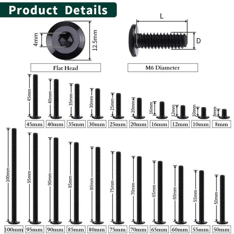 12 Sets M6x45mm Flat Head Socket Cap Screws With Barrel Nuts And 1 Hex Wrench, 304 Stainless Steel dimensions and sizes chart