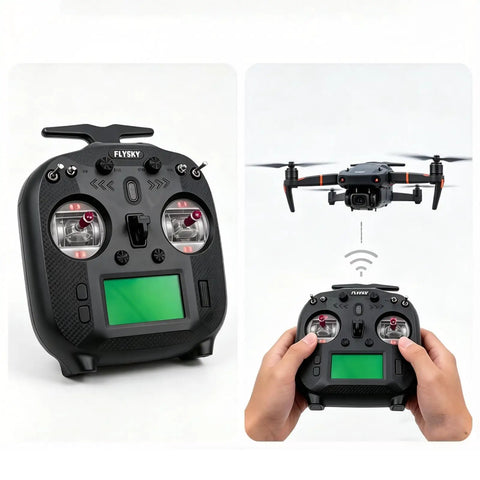 FS-ST8 8-10CH 2.4GHz RC Transmitter With FS-SR8 Receiver controlling a flying drone, ergonomic design