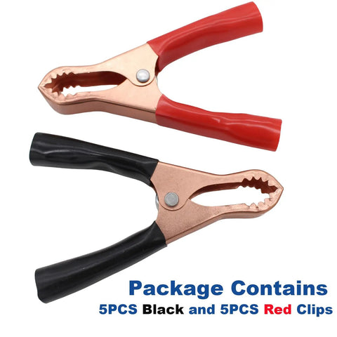 Heavy Duty Alligator Clips 50A 10 Pack For Car Battery Testing showing red and black clips with spring loaded copper plated grips