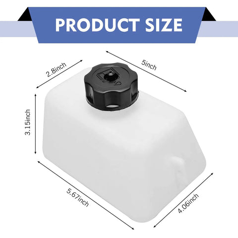 Gas Tank Kit For Mini Bikes And ATVs, Universal Fuel Canister dimensions: 5x2.8x3.15 inches, white plastic shown.