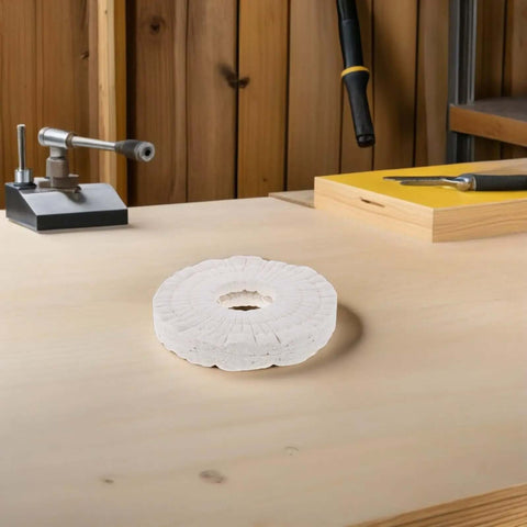 Cotton Buffing Polishing Wheel 150x50x20mm For Woodworking Edge Banding Machines White Cloth Wheel Replacement Industrial Polisher Equipment Ideal For High Volume Woodworking Shops Smooth Edge Finishes Durable White Cloth Construction on a wooden table in a workshop
