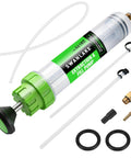Heavy Duty 500cc Fluid Extractor and Fill Pump for Cars and Lawn Mowers with green handle, tubes, and accessories