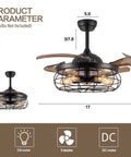 36 Inch Caged Ceiling Fan With Remote Control Industrial Vintage Chandelier Style Black Iron Cage with 5 Light Fixtures.