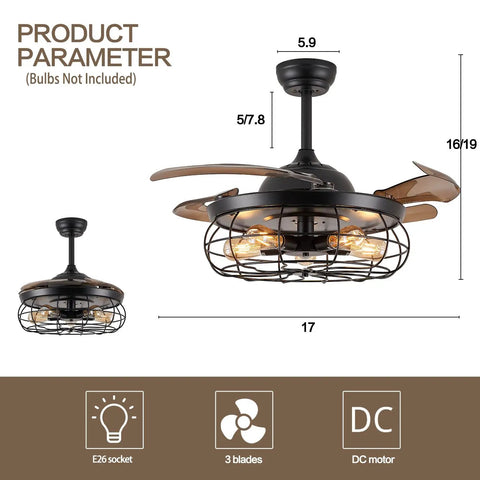 36 Inch Caged Ceiling Fan With Remote Control Industrial Vintage Chandelier Style Black Iron Cage with 5 Light Fixtures.