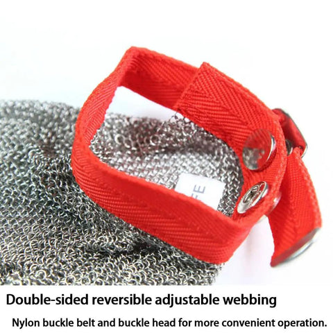 Close-up of Heavy Duty Stainless Steel Chainmail Gloves Level A9 Cut Resistant with 304 stainless steel wire mesh and red adjustable strap.