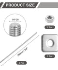 Two Pack 304 Stainless Steel Fully Threaded Rods with Square Washers for Furniture Mounting and Assembly Right Hand Threads Quarter Inch Twenty UNC Nine Point Eight Inch Long Includes Nuts and Washers for Heavy Duty Reliable Fastening shown with size details and pieces included.