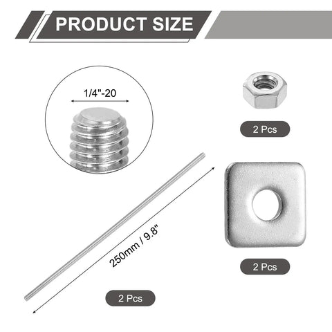 Two Pack 304 Stainless Steel Fully Threaded Rods with Square Washers for Furniture Mounting and Assembly Right Hand Threads Quarter Inch Twenty UNC Nine Point Eight Inch Long Includes Nuts and Washers for Heavy Duty Reliable Fastening shown with size details and pieces included.