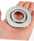 Twenty Pack Heavy Duty Stainless Steel Double Disc Escutcheon Plates For Fire Sprinkler Heads in hand, showcasing smooth round edges.