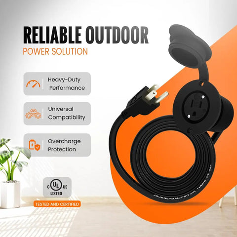 Weatherproof Outdoor Power Outlet Kit With 10 Foot 15 Amp Extension Cord 125 Volt 5 15R Receptacle Waterproof Black