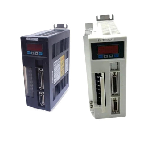 Front view of two AC servo drive modules, dark blue and light gray, with digital displays and multiple connectors.