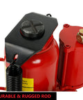 Close-up of Beefy 20 Ton Pneumatic Air Hydraulic Bottle Jack With Manual Hand Pump For Auto Truck RV Repair Lift in red
