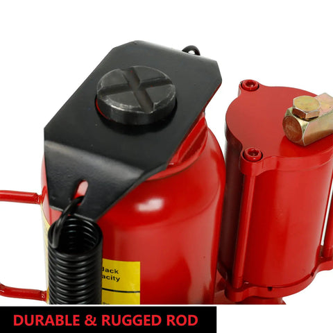 Close-up of Beefy 20 Ton Pneumatic Air Hydraulic Bottle Jack With Manual Hand Pump For Auto Truck RV Repair Lift in red