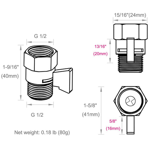 Diagram of Water Flow Control Valve With Brass Shut Off For Dual Shower Faucets And RV Shower Head Hose, dimensions labeled.