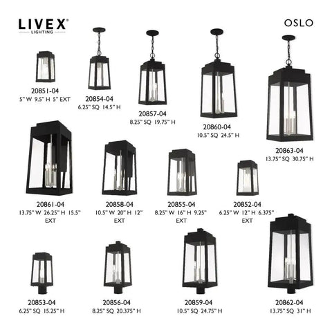 Oslo collection of outdoor wall lanterns in satin brass finish with clear glass, various sizes and styles, by Livex Lighting.
