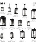 Various sizes of Oslo One Light Outdoor Post Top Lanterns in Black Finish with Clear Glass, showing design variations and dimensions.