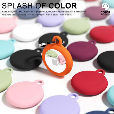 Neon Orange Silicone AirTag Keychain Case With Ring Waterproof AirTag Holder surrounded by colorful AirTag covers