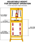 Adjustable height specifications of Badass Heavy Duty 12 Ton Hydraulic H Frame Shop Press for garage use.