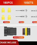 180 Piece 4 Pin Waterproof Electrical Connector Kit With Male And Female Terminals For Cars Trucks Motorcycles Boats, 4 Way Connectors Set, Includes 10 Sets, showing components and quantities