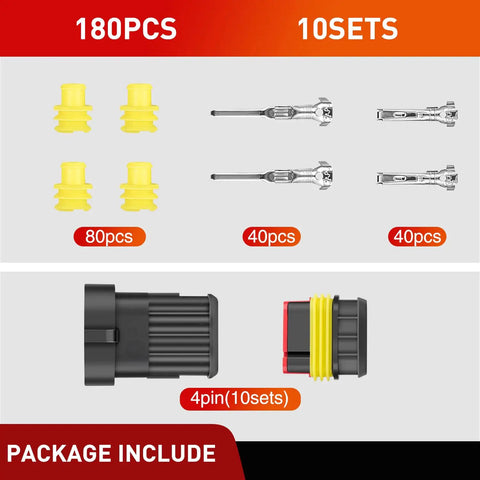 180 Piece 4 Pin Waterproof Electrical Connector Kit With Male And Female Terminals For Cars Trucks Motorcycles Boats, 4 Way Connectors Set, Includes 10 Sets, showing components and quantities